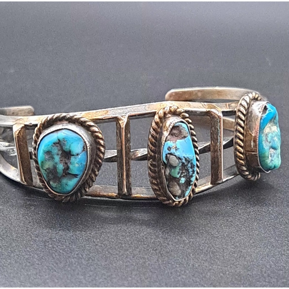 Vintage Navajo 3 Stone Turquoise Sterling Silver Cuff Bracelet 5"1/2